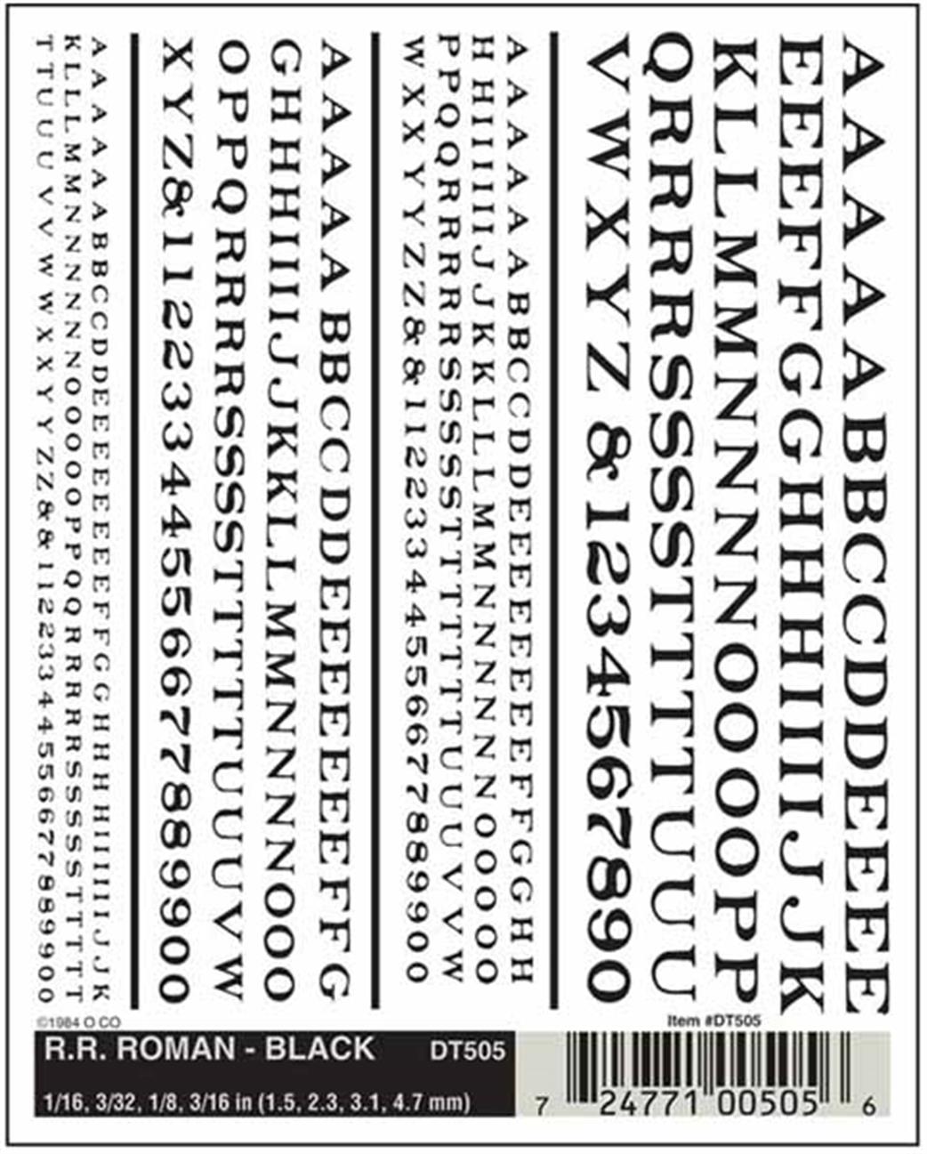 Woodland Scenics  DT505 Dry Transfer Decals Railroad Roman Lettering Black