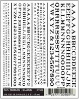 Black serifed Railroad Roman lettering. Ideal for custom signage lettering and renumbering of duplicated wagons etc.Numerals in 1/16, 3/32, 1/8, 3/16in heights, approximately equal to 1.5, 2.3, 3.1, 4.7mmOne sheet 4 x 5in, 100 x 127mm.