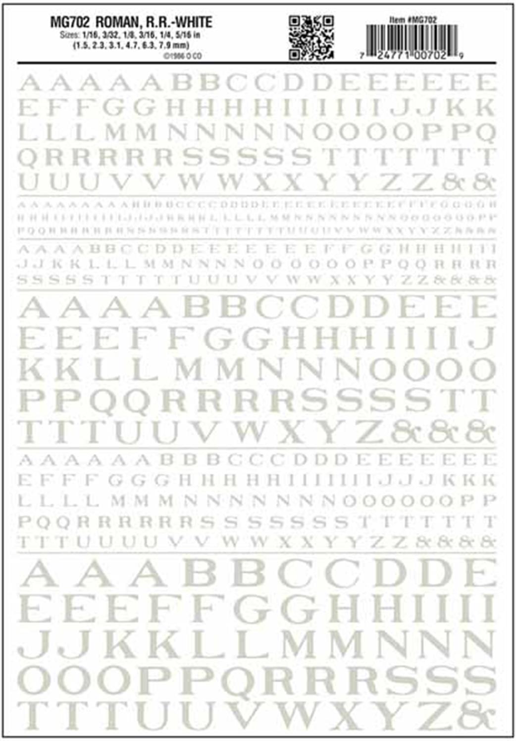 Woodland Scenics  MG702 Dry Transfer Decals Railroad Roman Lettering White