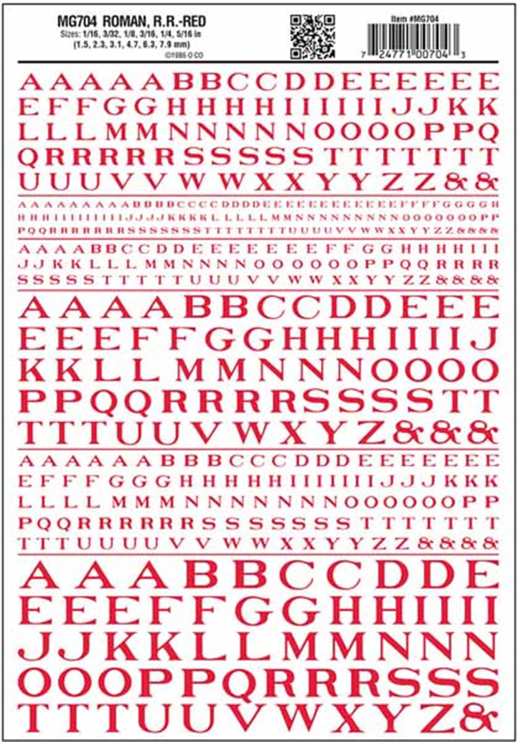 Woodland Scenics  MG704 Dry Transfer Decals Railroad Roman Lettering Red