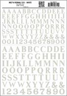 Large size white serif Railroad Roman lettering and numbers.3/8 and 1/2in heights, approximately equal to 9.54 and 12.7mm.One sheet: 5 5/8 x 8 1/4in, 142 x 209mm.NB - large size lettering sheets only available in black or white.