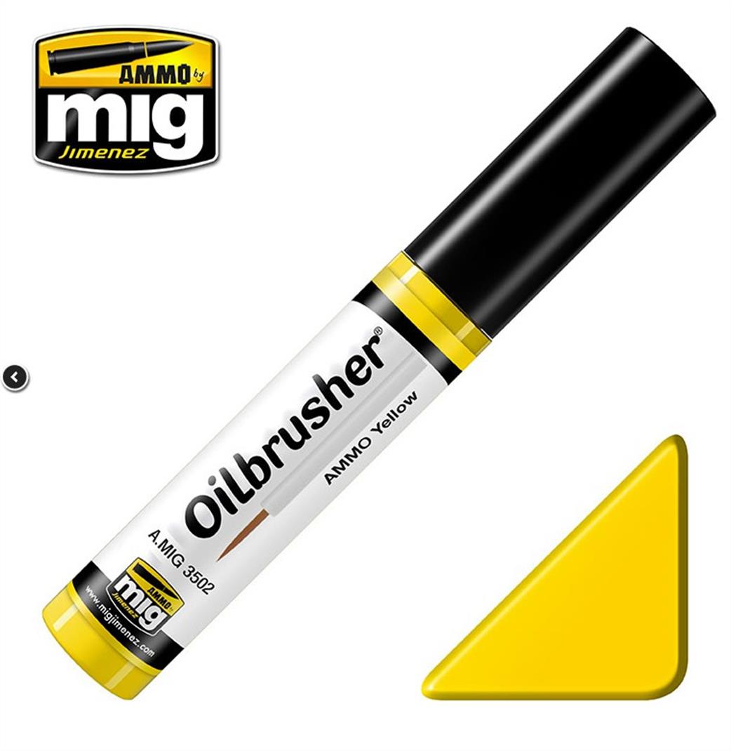 Ammo of Mig Jimenez  A.MIG-3502 Yellow Oilbrusher 10ml Oil paint with fine brush applicator