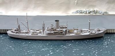 A 1/1250 scale second-hand model of Hansa a German auxiliary that was taken over when building in Denmark for Glen Line in 1940. The model is by Navis Neptun 1027 and is in good condition apart from missing the top of a derrick forward of the bridge, see photograph.