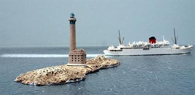 A 1/1250 scale resin model of Les Roches Douvres lighthouse and reef in the Channel off the north coast of France by Coastlines Models CL-L29.