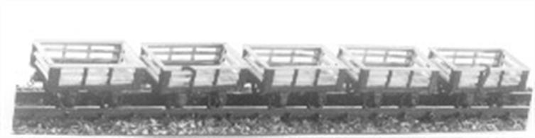 Pack of 5 steel sided slate wagons modelled from Festiniog Railway prototypes. Slate wagons of similar design were used by all of the Welsh slate railways.