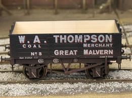 A new detailed model of Great Malvern coal merchant W A Thompson 5 plank open wagon number 8.The Dapol RCH 1887 specifications are modelled from the prolific production of the Gloucester Railway Carriage and Wagon Company.