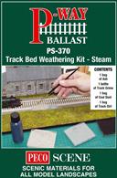 Ballast is never clean, and especially so around platform ends, stabling sidings and, of course, in depots. To weather down the ballast in those locations and create a more realistic look Peco have combined their weathering products into this useful pack tailored to recreate the deposits left by steam locomotives.