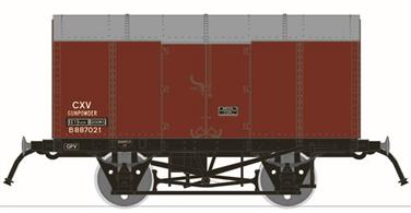 A detailed scale length model of the British Railways diagram 1/260 gunpowder van finished in bauxite livery with vacuum trains brakes and TOPS lettering code CXV.These steel bodied box vans were specially built for the secure conveyance of commercial explosives and military stores. This model by Rapido Trains replicates the later RCH standard gunpowder van based on the GWRs diagram Z4 design built by the big four railway companies in the late 1930s / WW2 era and by British Railways after nationalisation.Model with TOPS lettering from the 1970s / early 1980s period. Era 7.