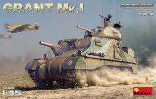 Highly detailed plastic model kit building a 1:35 scale model of the WW2 era Grant Mk1 tank in British Army service.