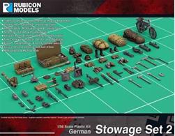 The German Stowage Set 2 contains a useful range of German weapons and equipment for detailing WW2 military vehicles and diorama scenes. 2 identical sprues of 72 pieces includingPanzerschreck, Panzerfaust, and storage cratesHafthohlladung, M24 stick grenade &amp; carrying caseTellermine 35 and 42 with carrying caseVarious firearms including MP40, Kar98K, MG15 &amp; DT15 magazinesTank C-hook with various 5t, 10t, 15t, and 20t lift jacksVarious tools including pickaxe, wire-cutter, axes, hammers &amp; shovelVarious tarpaulins including camo nets and canvas rollsBicycle "Truppenfahrrad" &amp; Torn.Fu.d2 field radio setVarious infantry webbing including water bottle, field canteens, bedroll, shovel, and knapsackM39 jackboots &amp; M43 low boots