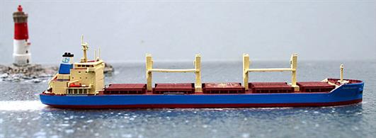 A 1/1250 scale model of Nordic Malmoe, a bulk carrier by Rhenania Junior RJ338. This ship is modelled with hatches closed.
