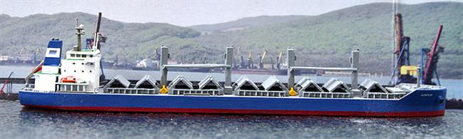 A 1/1250 scale model of a Seahorse 35 bulk carrier Alentejo by Rhenania Junior RJ338A. This model has the hatches folded as if opening or closing in a port.