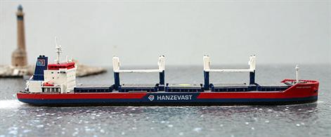 A 1/1250 scale model of a Handysize bulker Hanze Goteborg by Rhenania Junior RJ338C. This model has the hatches closed as at sea.