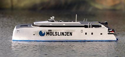 A 1/1250 scale model of HSC Express 4 on the Aarhus to Odden route by Rhenania Junior Miniatures RJ207.Express 4 is a new vessel built by Austal Ltd in Australia in 2018 for Mols Line and ready for service early in 2019 between the Danish city of Aarhus and Odden.