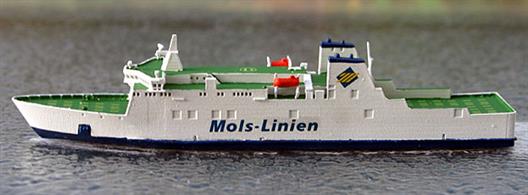 A 1/1250 scale model of car &amp; passenger ferry Mette Mols by Rhenania Junior Miniatures RJ318.Mette Mols operated for Mols line until 2011 and is currently Tager Express operating from Morocco.