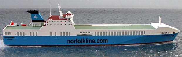 A 1/1250 scale model of Maas Viking by Rhenania Junior RJ314. Maas Viking was built in Denmark by Odense Steel Shipyard in 2009 and is a near sister ship to the Flensburger/Lighthouse class Ro-Ro class that have been leased to the military transport arms of the German &amp; British governments.