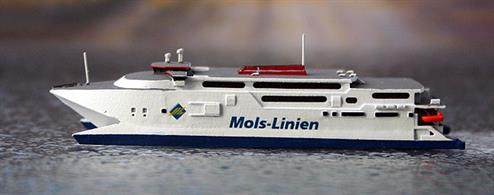 A 1/1250 scale model of Max Mols the high speed catamaran by Rhenania Junior Miniatures RJ246B. This model is in the livery of Mols line used on this vessel until 2018.