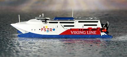 A 1/1250 scale metal model of Express in Viking Line colours by Rhenania Junior RJ245C. This ship is still wearing this livery in Autumn 2019.