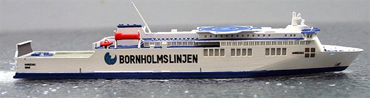 Hammershus is a 1/1250 scale model of Bornholm's latest ferry by Rhenania Junior RJ331. This new build is designed to provide a more convenient route for freight from Germany to Bornholm without having to go via Copenhagen but the ship has room for 700 passengers and some cars.The model is 12.8cm long