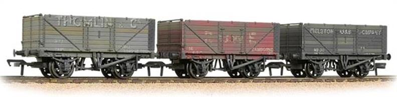 Pack of three 7-plank open coal wagons in liveries of Cornish companies. These models have a weathered finish with replacement planks representing pooled wagons running in the post WW2 period.Liveries included are Thomlin &amp;Co of Truro, Rowe of Cambourne and the Helston Gas Works.