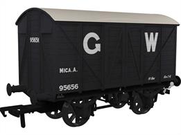 A detailed model of the GWR diagram V16 vacuum brake fitted ventilated box van as converted to an insulated meat van. An order was issued in 1918 for the conversion of 300 vans to boost the fleet of meat vans during WW1, the diagram X6 vans having added insulation and the end bonnet vents sealed, though not removed to allow reconversion back to ventilated vans. For at least 285 of these conversions the extra insulation was retained as in 1922 these vans were further adapted as insulated and steam heated vans for banana traffic.Model finished in GWR goods dark grey livery with 25in height lettering, as used in the pre-grouping era.