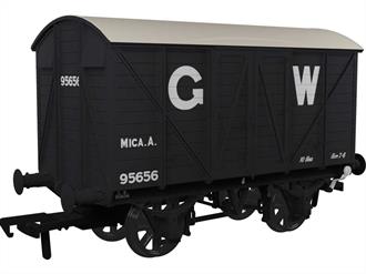 A detailed scale length model of the British Railways diagram 1/260 gunpowder van finished in grey livery with lettering on black backgrounds.These steel bodied box vans were specially built for the secure conveyance of commercial explosives and military stores. This model by Rapido Trains replicates the later RCH standard gunpowder van based on the GWRs diagram Z4 design built by the big four railway companies in the late 1930s / WW2 era and by British Railways after nationalisation.Model with lettering from the 1950s - 1960s period. Eras 4-5.