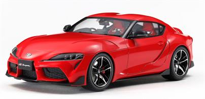 This 1/24 scale model assembly kit recreates the NEW 2019 Toyota Supra. Length: 183mm, width: 85mm, height: 54mm. 