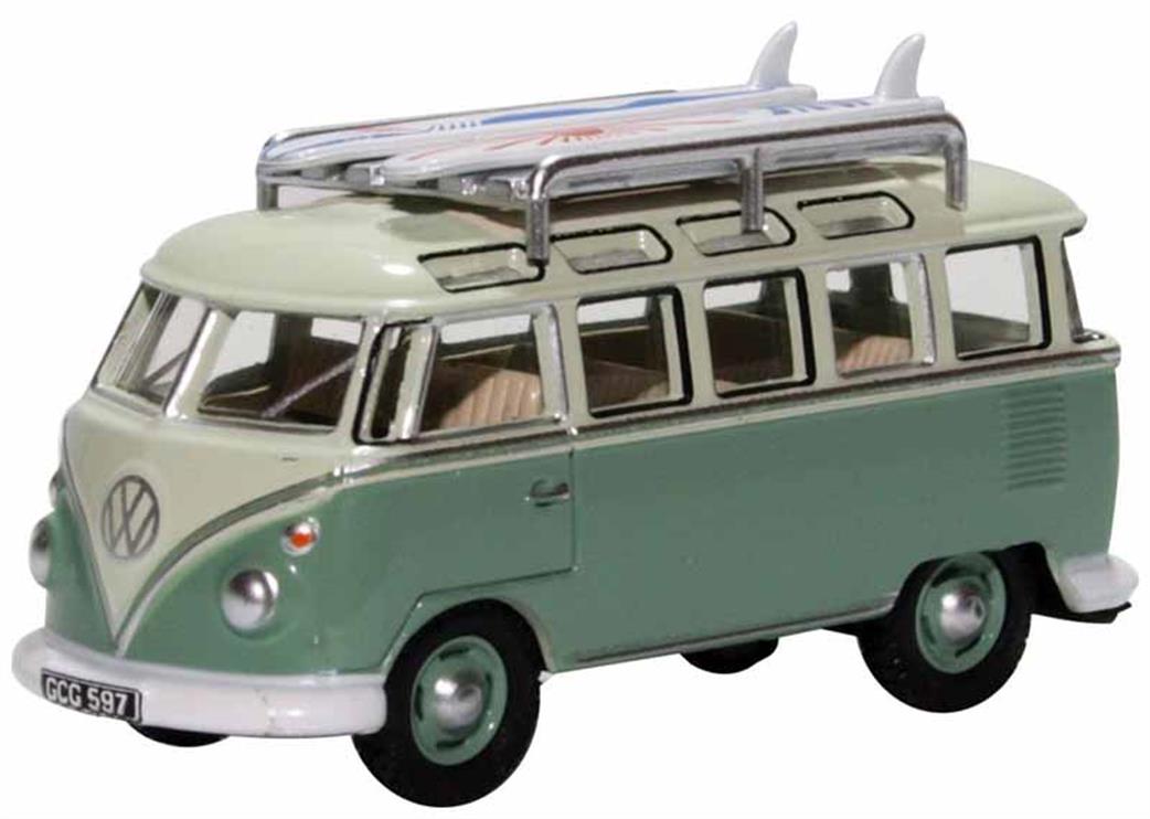 Oxford Diecast 1/76 76VWS005 VW T1 Samba Bus/Surfboards Turquoise/Blue White