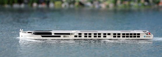 A 1/1250 scale model of Crystal Bach by Rhenania Junior Miniatures RJB33.Claimed to be the most luxurious of the river cruise ships (!) Crystal Bach was one of 4 new sister-ships of the Rhine-class river cruises built in 2017. She is currently in the Netherlands on a Rhine cruise.