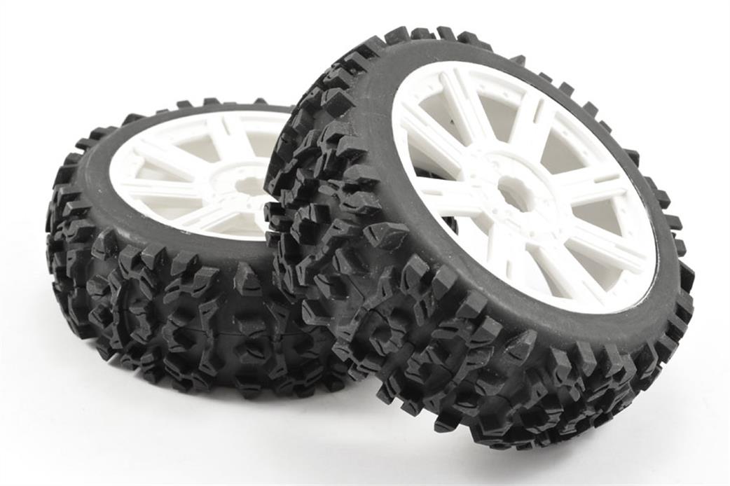 Fastrax 1/8 FAST1005W Maze Block Mounted Tyre Mounted on 8 Spoke White Wheel 1 Pair