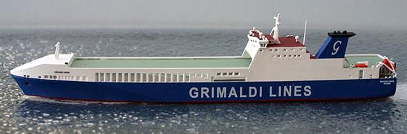 A 1/1250 scale model of Eurocargo Savona sailing for Grimaldi Lines by Rhenania Junior Miniatures RJ314C.