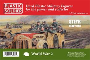 German Steyr Heavy Car. 3 models, 18 crew figures. Each sprue contains options to build early or late variants, open windows, canvas roof up or down and contains crew figures.