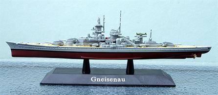 Altaya MAG KZ05 1/1250th German Battleship Gneisenau 1940-42. This model of Gneisenau has the Atlantic bow which was added in the refit at the start of WW2. Immediately after the Channel Dash, Gneisenau was badly damaged by the RAF and A turret magazine exploded. The decision was made to replace all the 11" guns 6x15" and to extend the bow so Gneisenau was taken into a drydock and the bow was cut off and the turrets were taken to be fitted on the Atlantic Wall in Denmark and Norway. The ship was never repaired and was sunk off Poland when the Russians broke through from the east.
