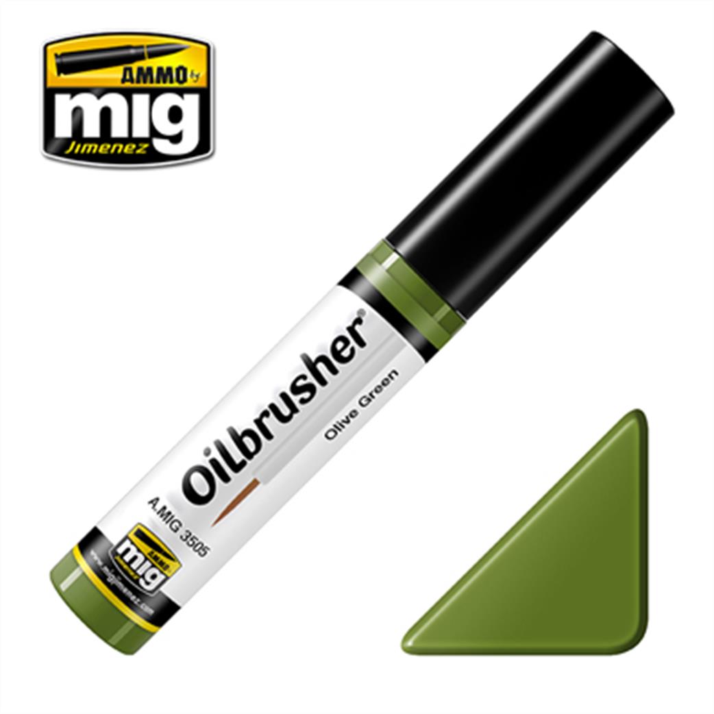Ammo of Mig Jimenez  A.MIG-3505 Olive Green Oilbrusher 10ml Oil paint with fine brush applicator