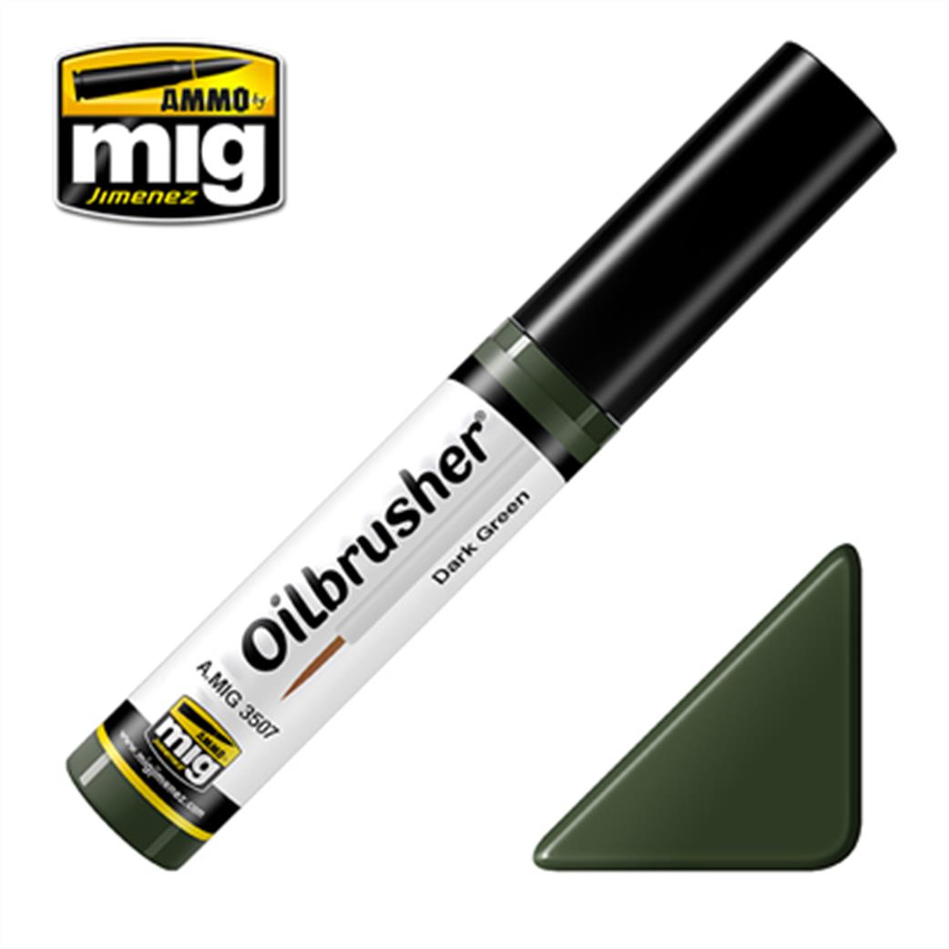 Ammo of Mig Jimenez  A.MIG-3507 Dark Green Oilbrusher 10ml Oil paint with fine brush applicator