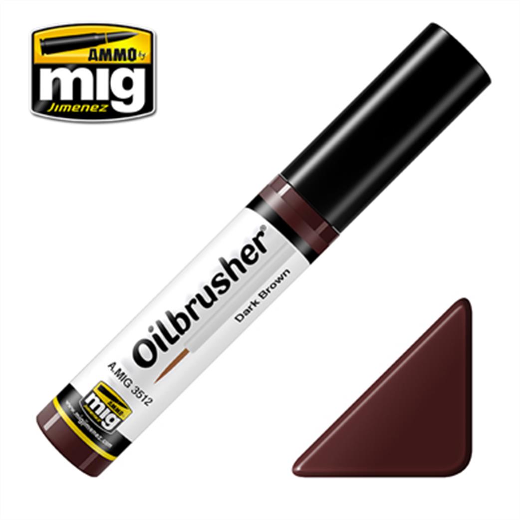 Ammo of Mig Jimenez  A.MIG-3512 Dark Brown Oilbrusher 10ml Oil paint with fine brush applicator