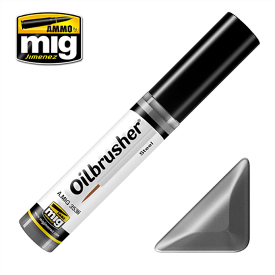 Ammo of Mig Jimenez  A.MIG-3536 Steel Oilbrusher 10ml Oil paint with fine brush applicator