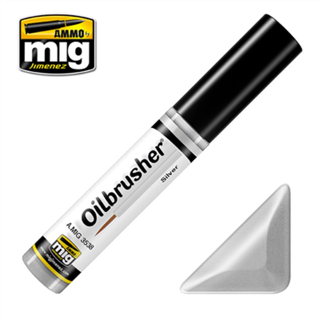 Ammo of Mig Jimenez  A.MIG-3538 Silver Oilbrusher 10ml Oil paint with fine brush applicator