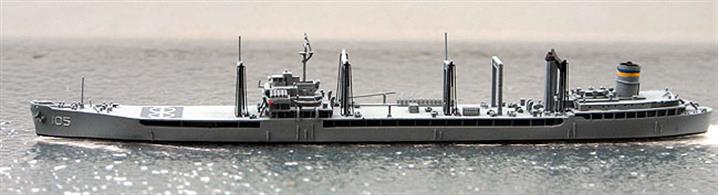 A 1/1250 scale model of USNS Mispillion A-109 in 1976 by Spidernavy SN 3-17.Mispillion was built and launched before the end of WW2 but commissioned in 1946 as USS Mispillion A-109 as a navy oiler. In 1965-66 Mispillion was Jumboized and lengthened by over 100ft. In 1974 she became USNS Mispillion and the funnel bands for a USN ship were painted up as on this model.