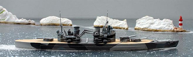 A 1/1250 scale model of HMS Lion in an Admiralty camouflage scheme applied to King George V battleships in 1942/43 the period that Lion might have entered service with the Royal Navy. This model is cast in resin and painted by Coastlines Models CL-BS02T.