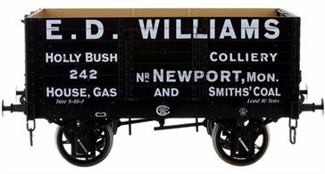 Detailed model of a 7 plank open wagon following the RCH 1887 specifications and modelled from the production of the Gloucester Railway Carriage and Wagon Company.Finished as wagon 242 operated by E.D. Williams, owners of the Holly Bush Colliery near Newport, Monmouthshire.