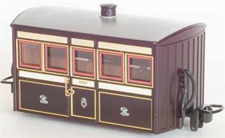 Detailed model of the Festiniog Railway 'Bug Box' first class coach. A typical early Victorian era design of 4-wheel narrow gauge coach.Victorian purple-brown livery.