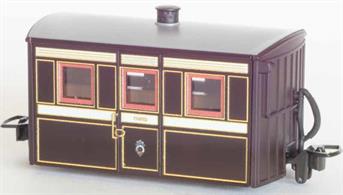 Detailed model of the Festiniog Railway 'Bug Box' enclosed third class coach. A typical early Victorian era design of 4-wheel narrow gauge coach.Victorian purple-brown livery.