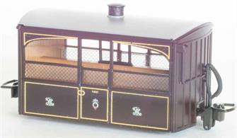 Detailed model of the Festiniog Railway open sided observation 'Bug Box' coach. A typical early Victorian era design of 4-wheel narrow gauge coach.Victorian purple-brown livery.