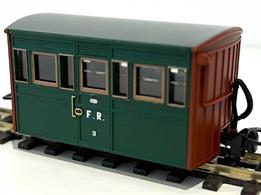 Detailed model of Festiniog Railway 'Bug Box' enclosed third class coach number 3 as running during the Colonel Stephens management era finished in plain green livery.These small 4-wheel coaches are typical of early Victorian era design with the wheels hidden behind the internal seating to maintain a low centre of gravity.