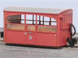 Detailed model of the Festiniog Railway open mesh sided 4-wheel 'Zoo Car' coach number 6 in the red livery carried in the preservation era through the 1970s.Although finished in a plain livery the detailing includes the FR emblem, door handles, notice on the door and running numbers all carefully picked out in fine print.
