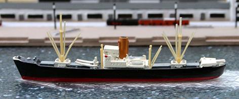 A 1/1250 scale second-hand model of a standard German freighter from 1939. This model is by Hansa S157 and represents the ship after WW2.