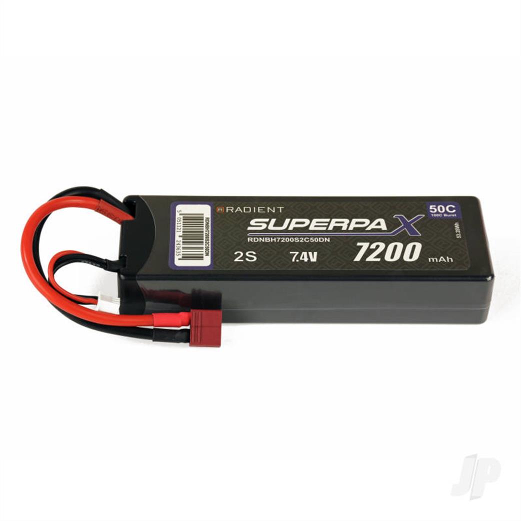 Radient  RDNBH7200S2C50DN 2 Cell 7.4v Hard Case Lipo 7200Mah 50C Rated Deans Connector