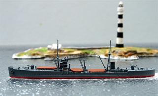 A 1/1250 scale metal model of the Japanese navy munitions carrier Kashino by Navis Neptun 1297. The model is finished in dark grey to match the other Japanese warships from Navis Neptun but the loose hatch covers are tan coloured, see photograph.