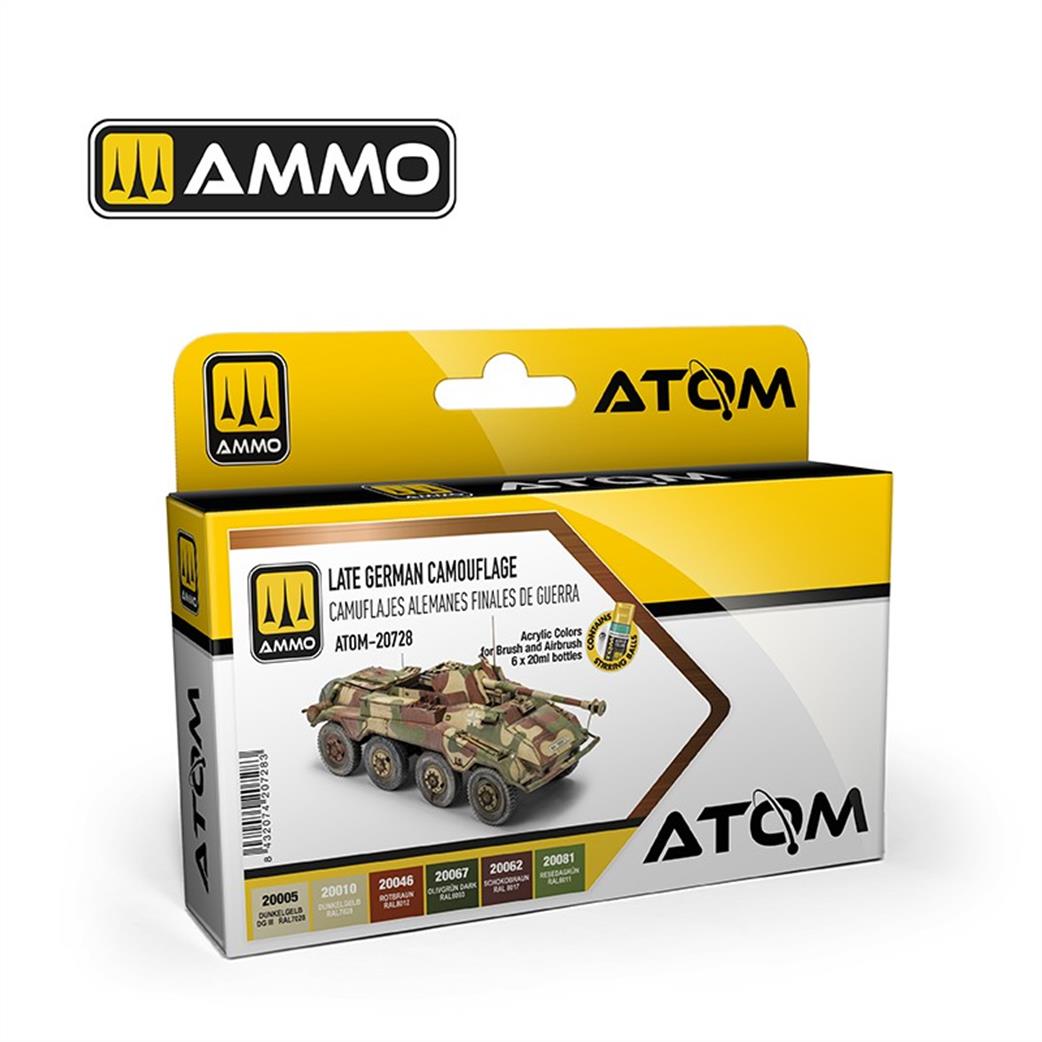 Ammo of Mig Jimenez  ATOM-20728 Late German Camouflage Set  for Brush & Airbrush 6 Colour Paint Set